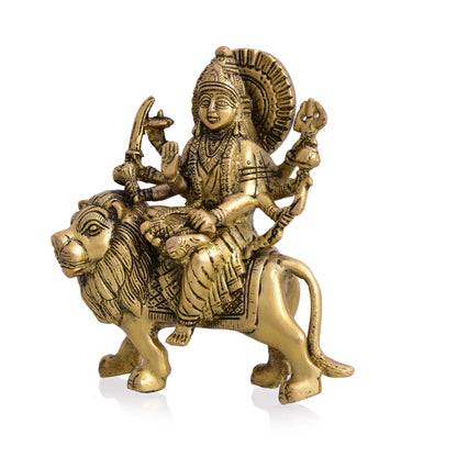 Brass Durga Idol Sitting On Loin (5.5 Inch)