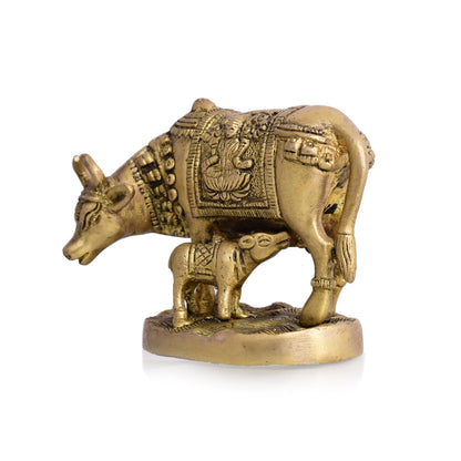 Brass Kamdhenu Cow With Calf Idol (4 Inch)