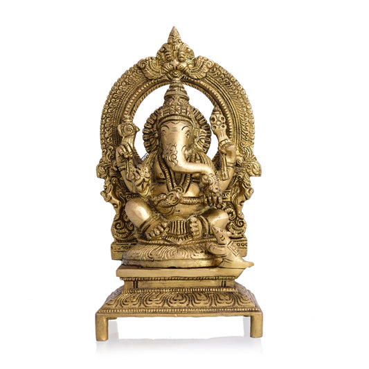 Brass Ganesha Sitting On Throne/Singhasan Idol (7.5 Inch)