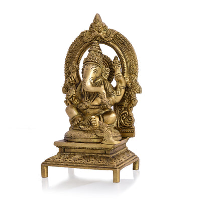 Brass Ganesha Sitting On Throne/Singhasan Idol (7.5 Inch)