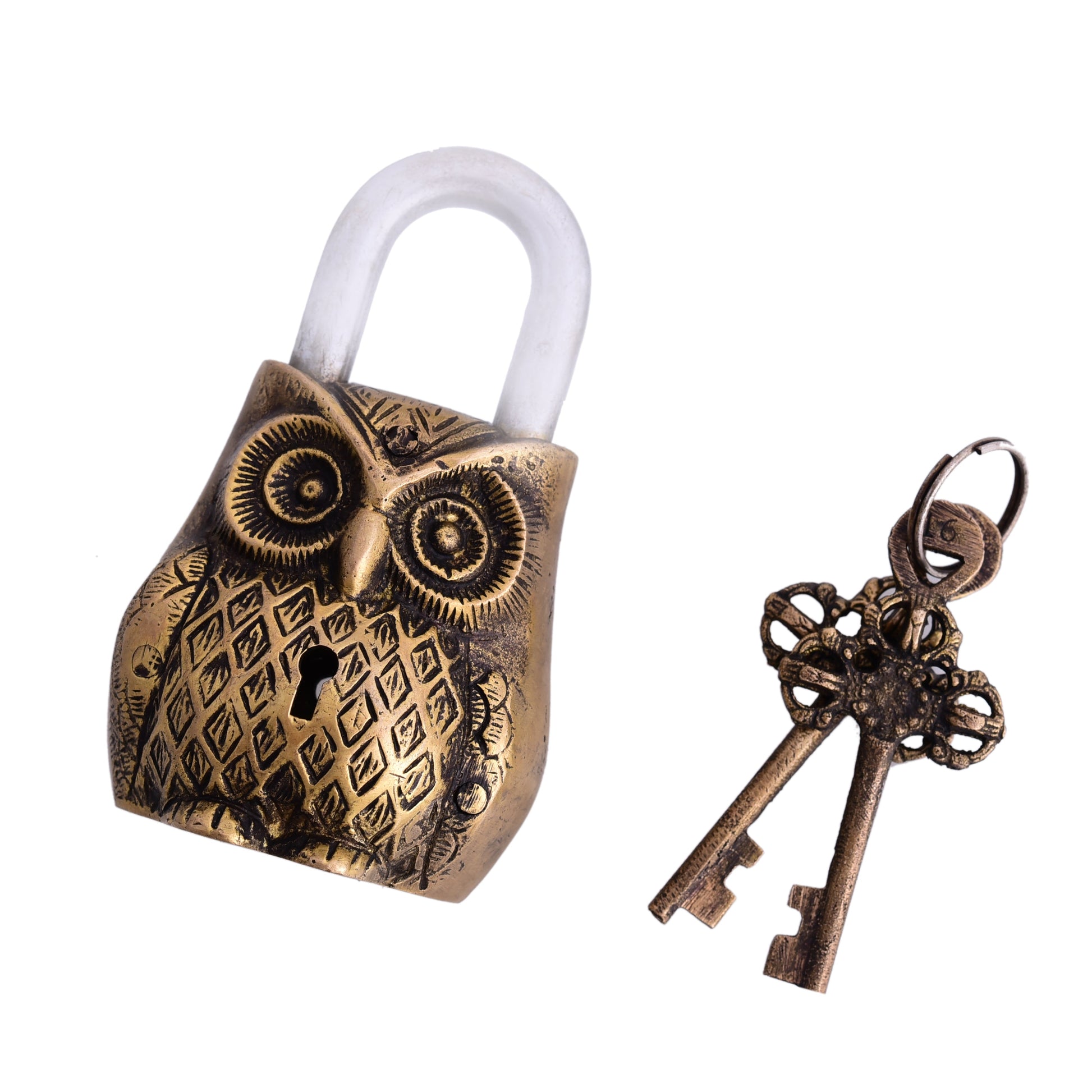 Brass Owl Door Lock With Three Brass Keys (4.7 Inch)