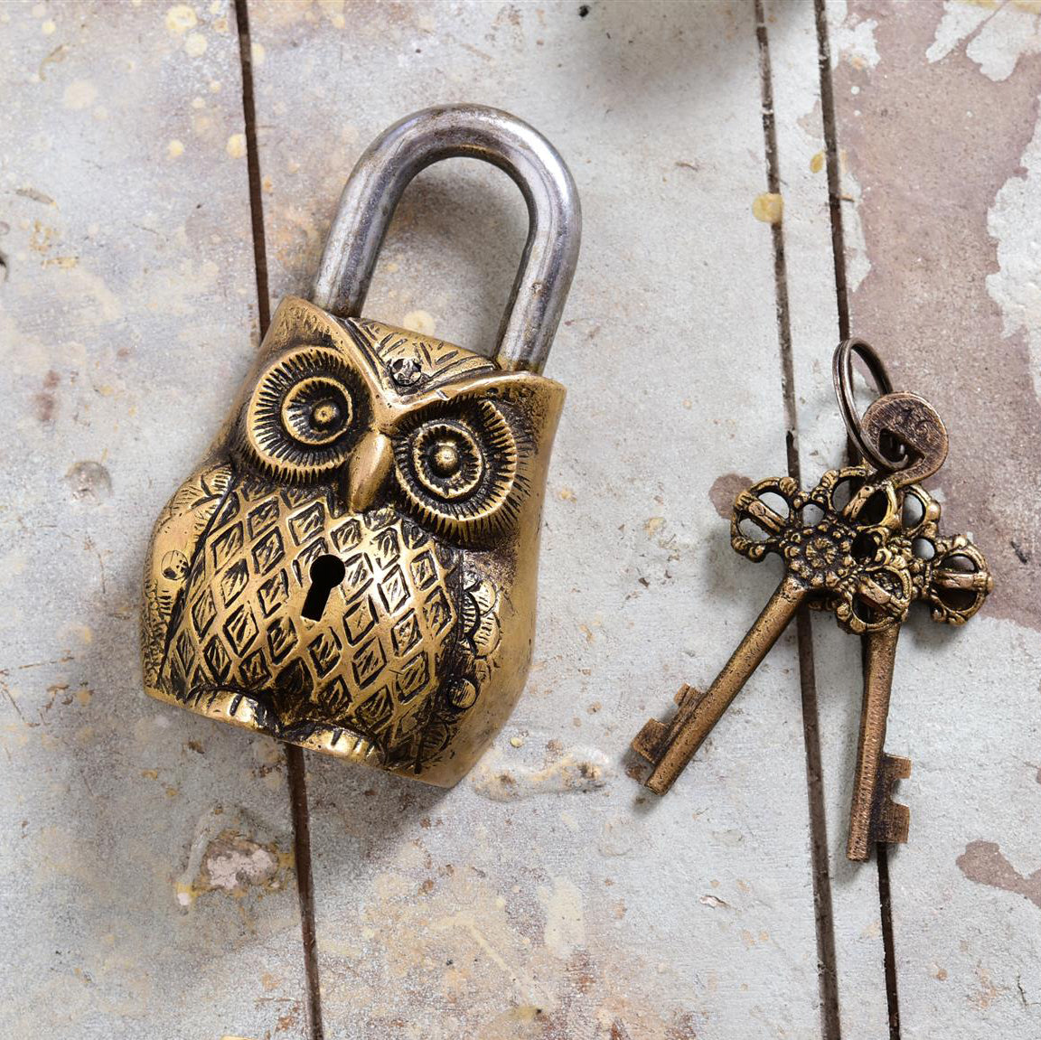 Brass Owl Door Lock With Three Brass Keys (4.7 Inch)