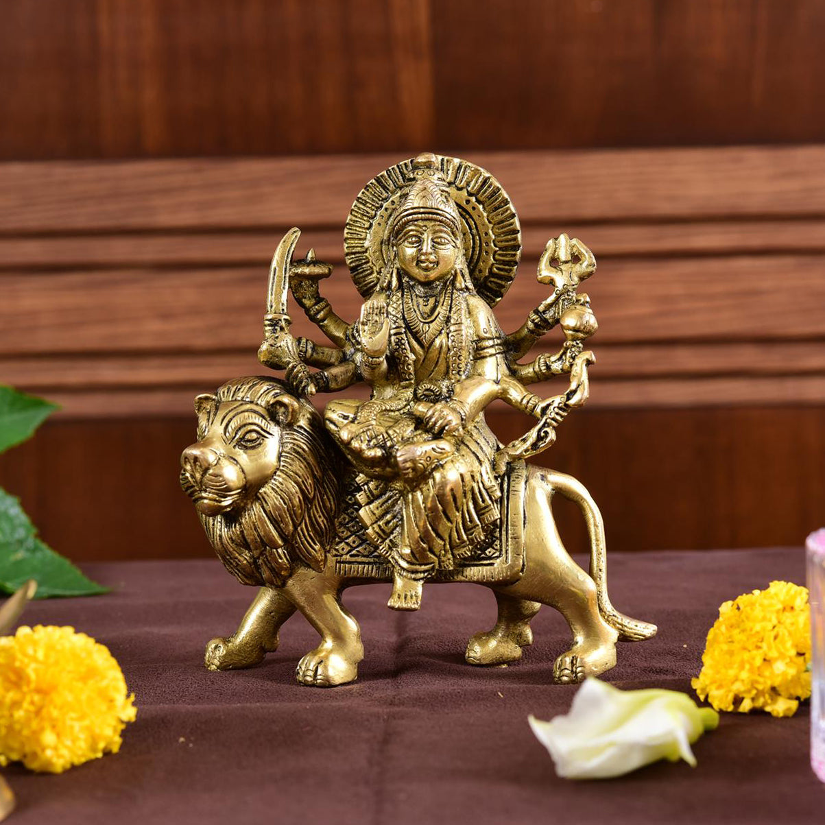 Brass Durga Idol Sitting On Loin (5.5 Inch)