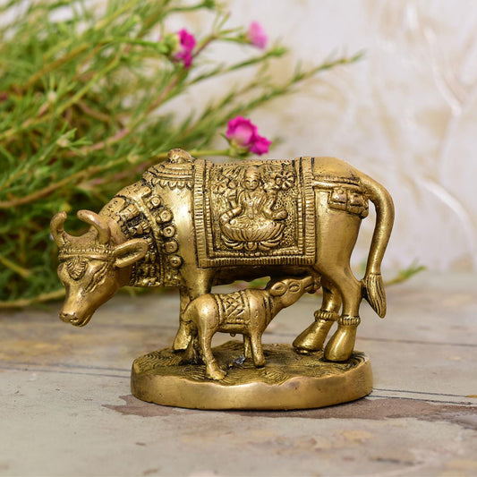 Brass Kamdhenu Cow With Calf Idol (4 Inch)