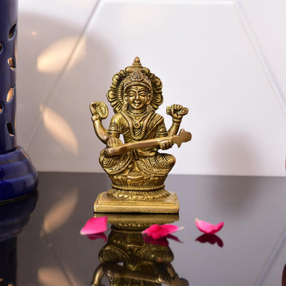 Brass Goddess Saraswati Idol (4.3 Inch)