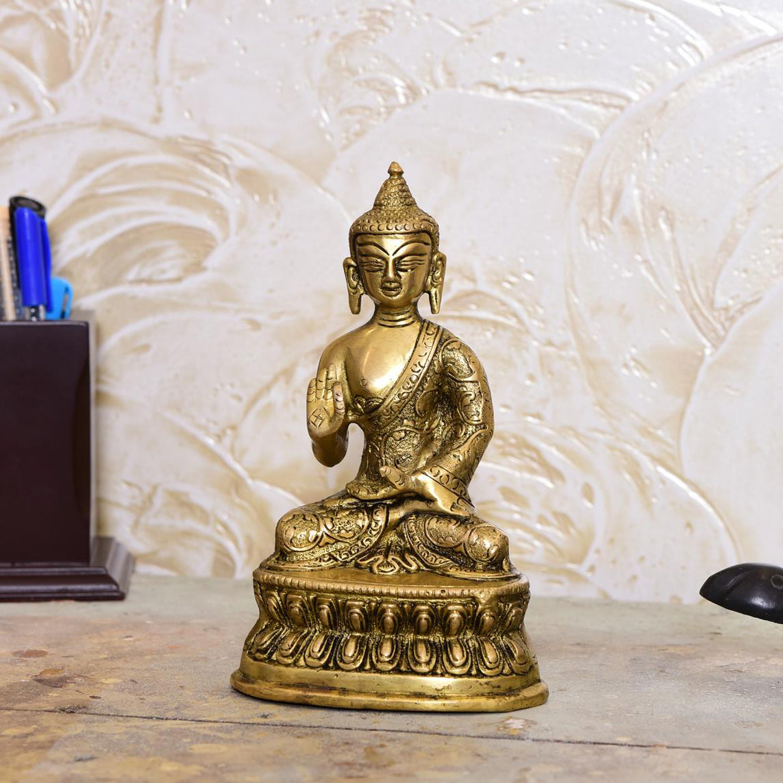 Brass Handcarved Blessing Buddha (7 Inch)