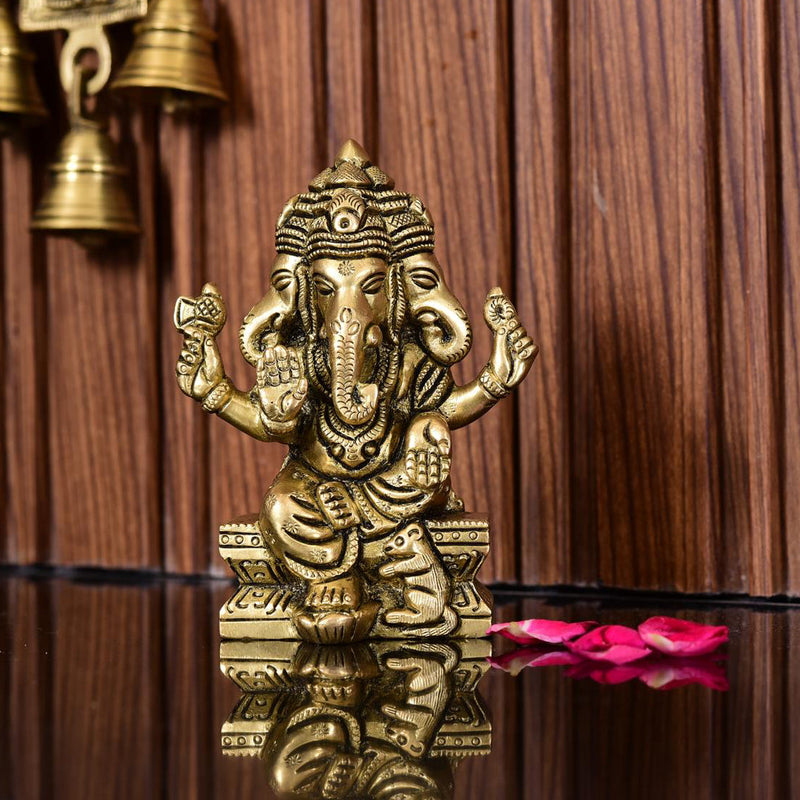 Brass Four Face Ganesha Sitting Idol (4.3 Inch)