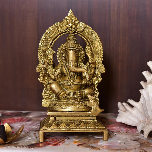 Brass Ganesha Sitting On Throne/Singhasan Idol (7.5 Inch)