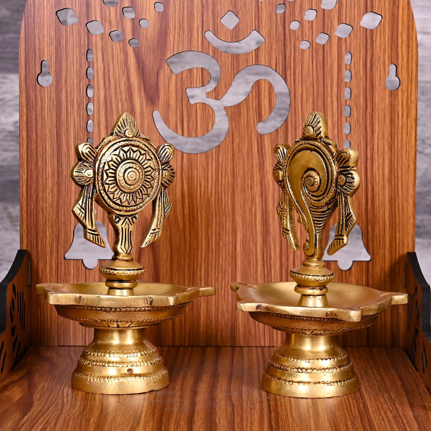 Brass Five Petal Shankh Chakra Diya Set (6 Inch)