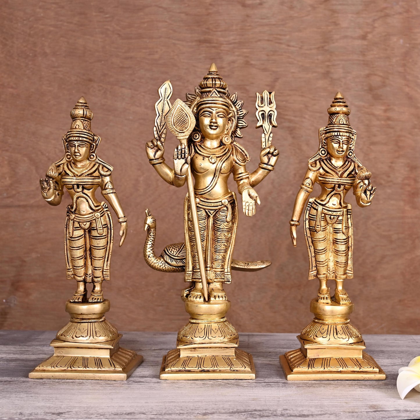 Brass Lord Murugan With Devasena And Valli Statues (11")