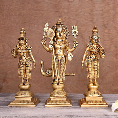 Brass Lord Murugan With Devasena And Valli Statues (11")