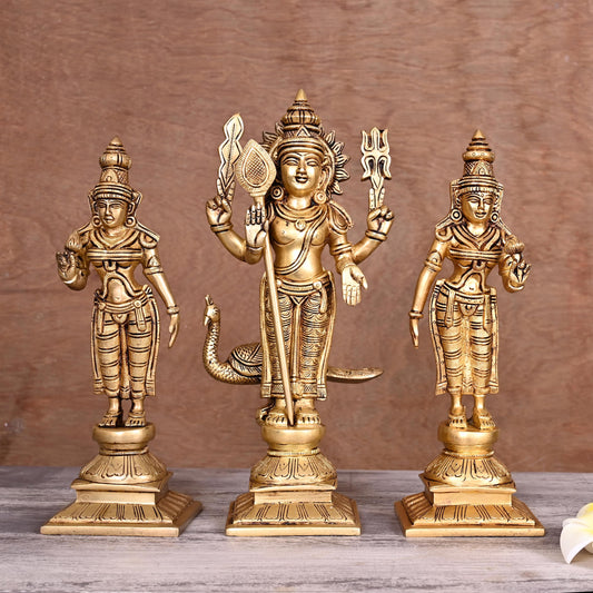 Brass Lord Murugan With Devasena And Valli Statues (11")
