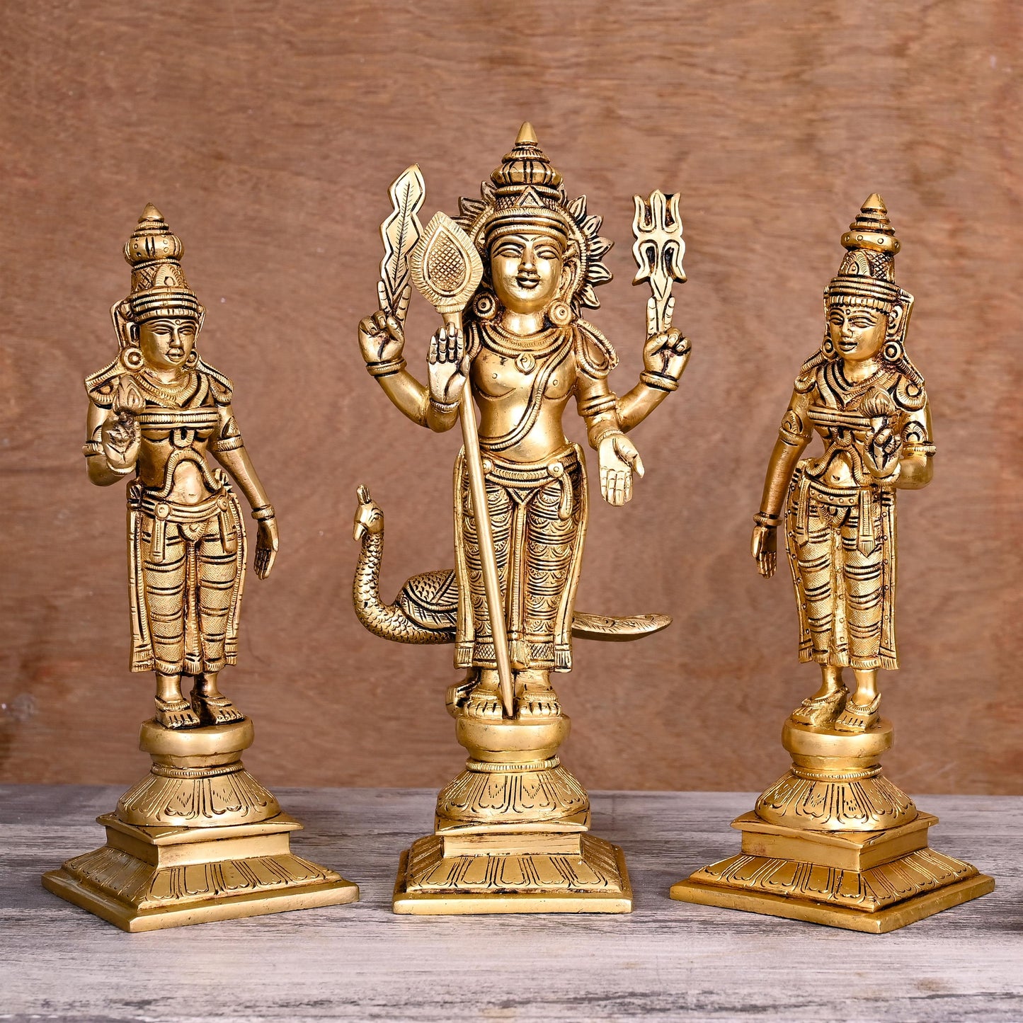 Brass Lord Murugan With Devasena And Valli Statues (11")