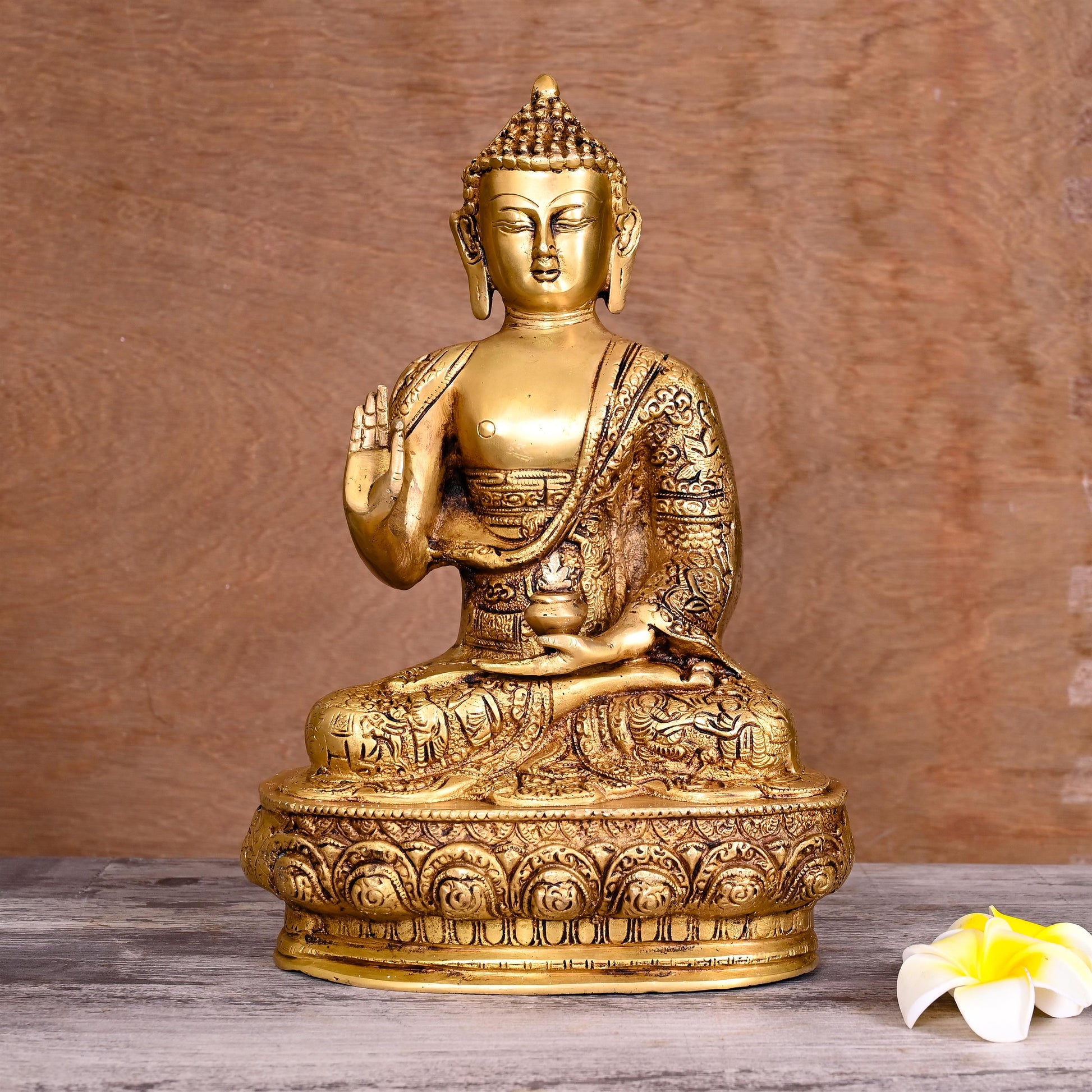 Brass Handcarved Blessing Buddha (12.5 Inch)