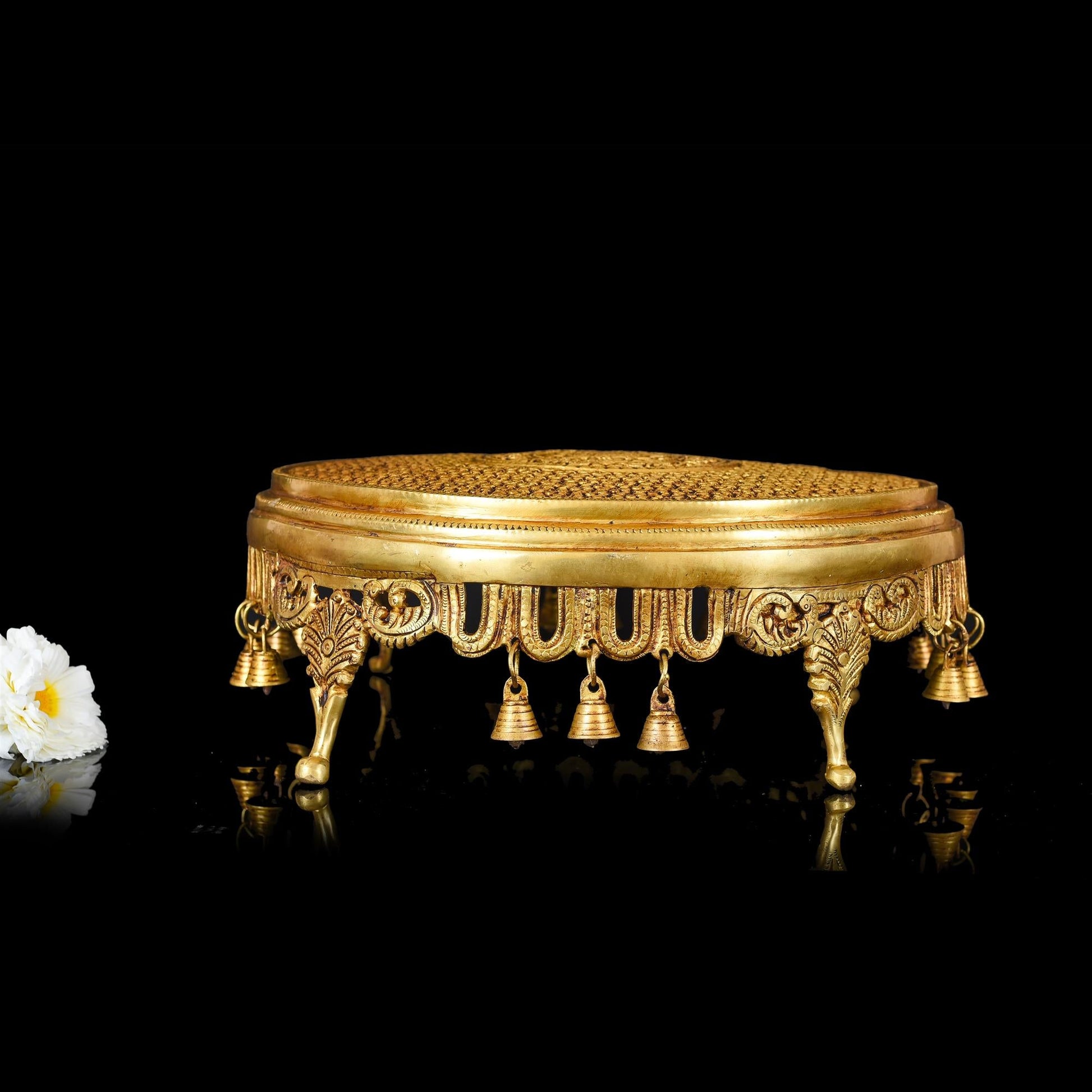 Brass Ethnic Chowki With Hanging Bells (5 Inch)