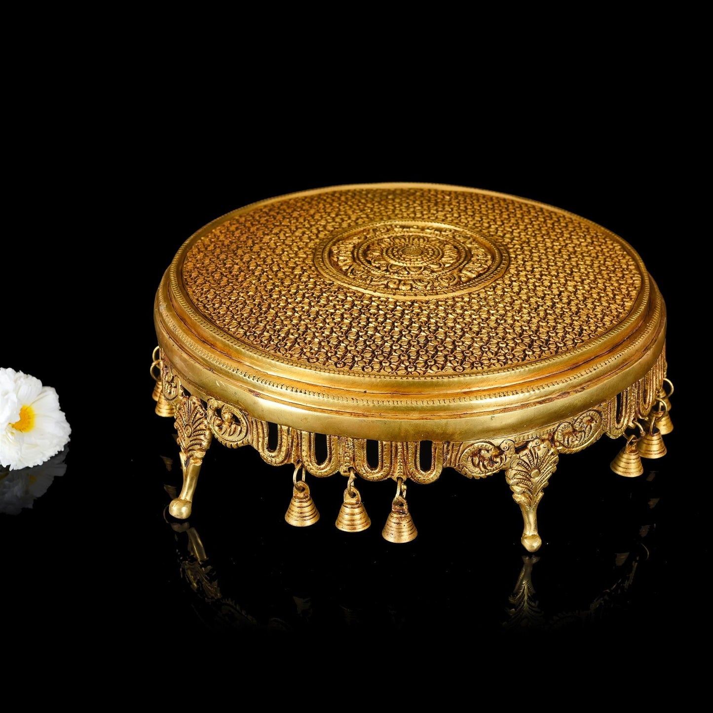 Brass Ethnic Chowki With Hanging Bells (5 Inch)