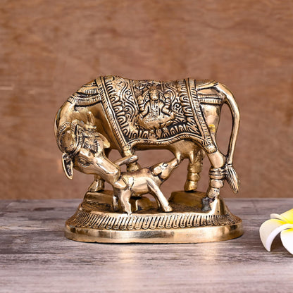 Brass Kamdhenu Cow With Calf Idol (4.5 Inch)