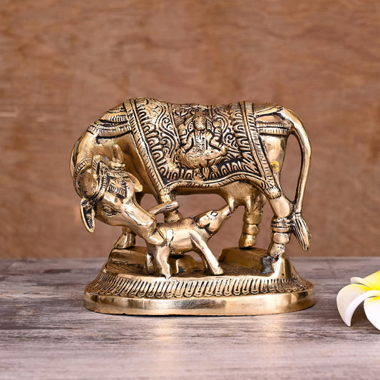 Brass Kamdhenu Cow With Calf Idol (4.5 Inch)
