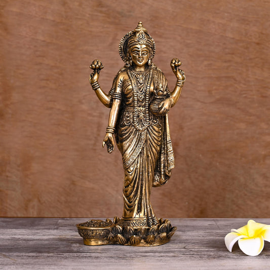 Brass Goddess Lakshmi Idol on lotus (10 Inch)