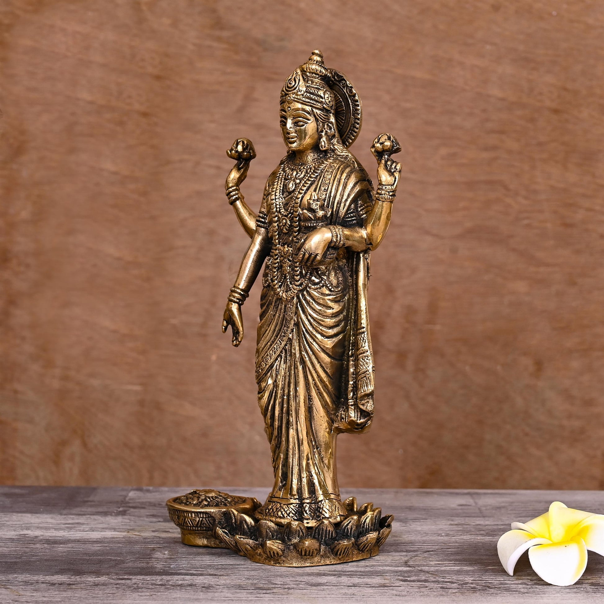 Brass Goddess Lakshmi Idol on lotus (10 Inch)