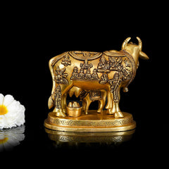 Brass Kamdhenu Cow With Calf Idol (5 Inch)