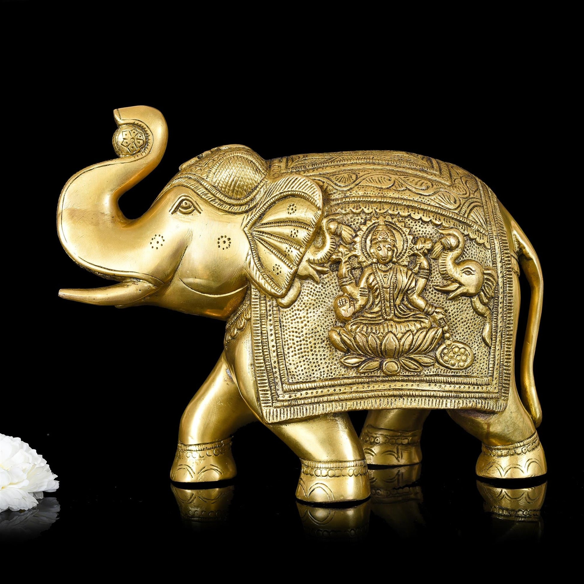 Brass Royal Elephant With Ganesha And Lakshmi Carving (8.5 Inch)