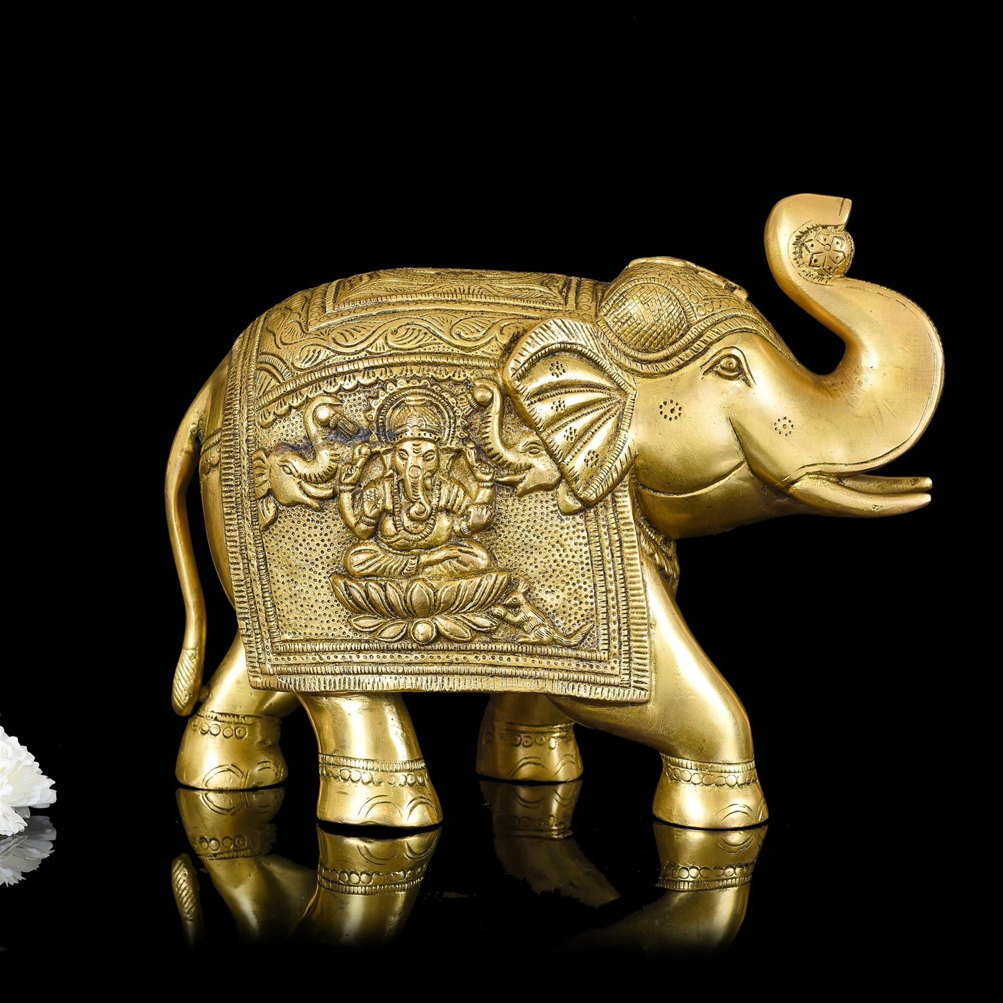 Brass Royal Elephant With Ganesha And Lakshmi Carving (8.5 Inch)