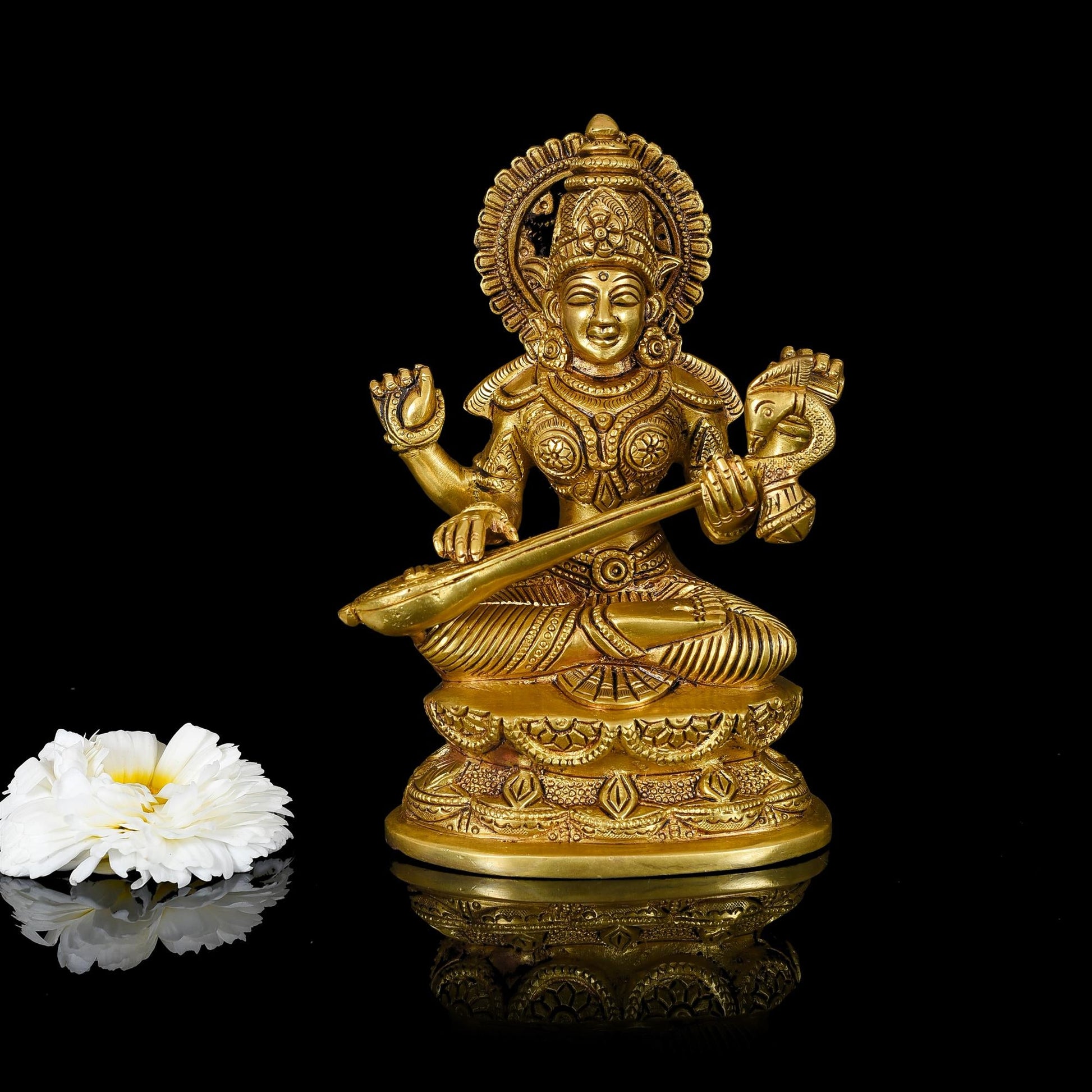 Brass Goddess Saraswati Idol (7 Inch)