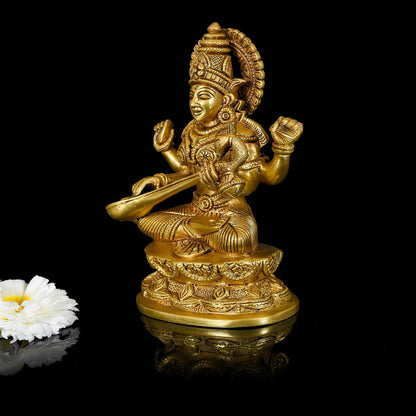 Brass Goddess Saraswati Idol (7 Inch)