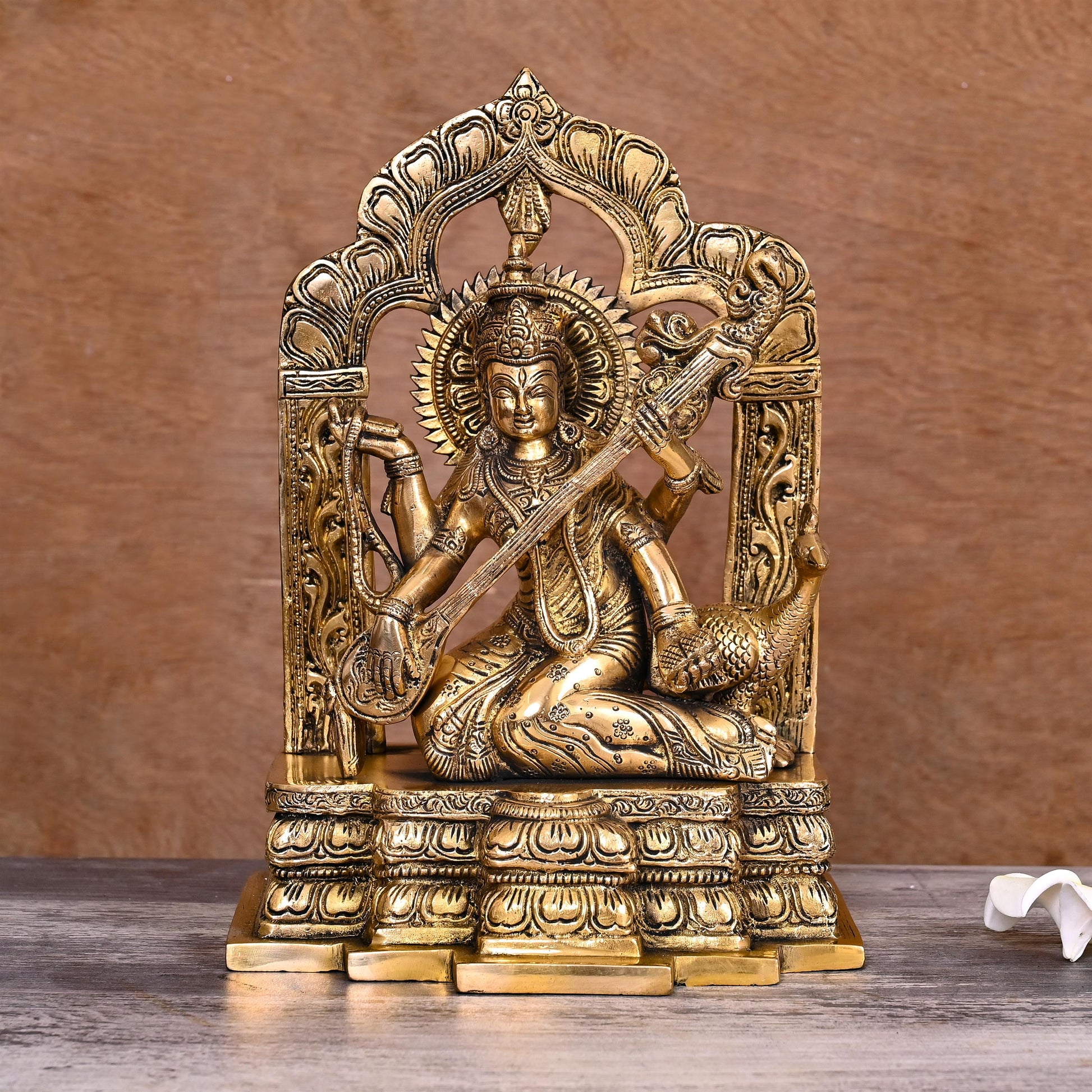 Brass Goddess Saraswati On Throne Statue (11 Inch)