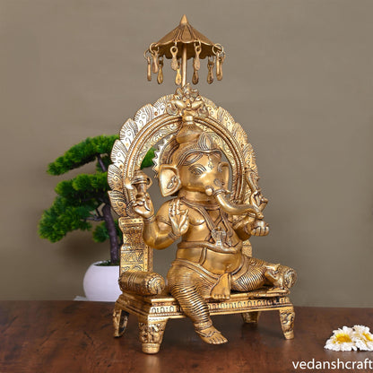 Brass Ganesha On Throne Idol (19.5 Inch)