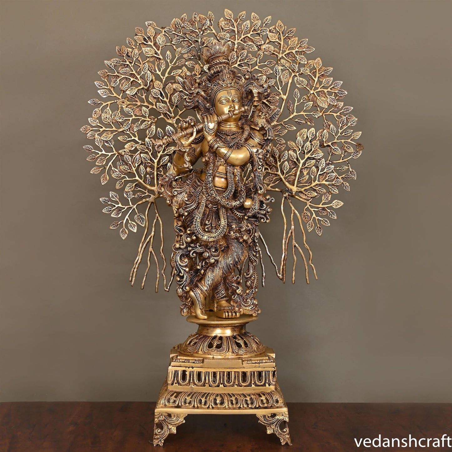 Brass Lord Krishna Statue With Tree (36")