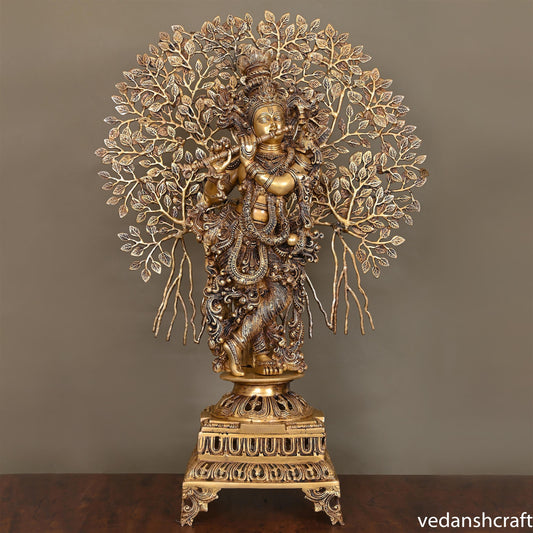 Brass Lord Krishna Statue With Tree (36")