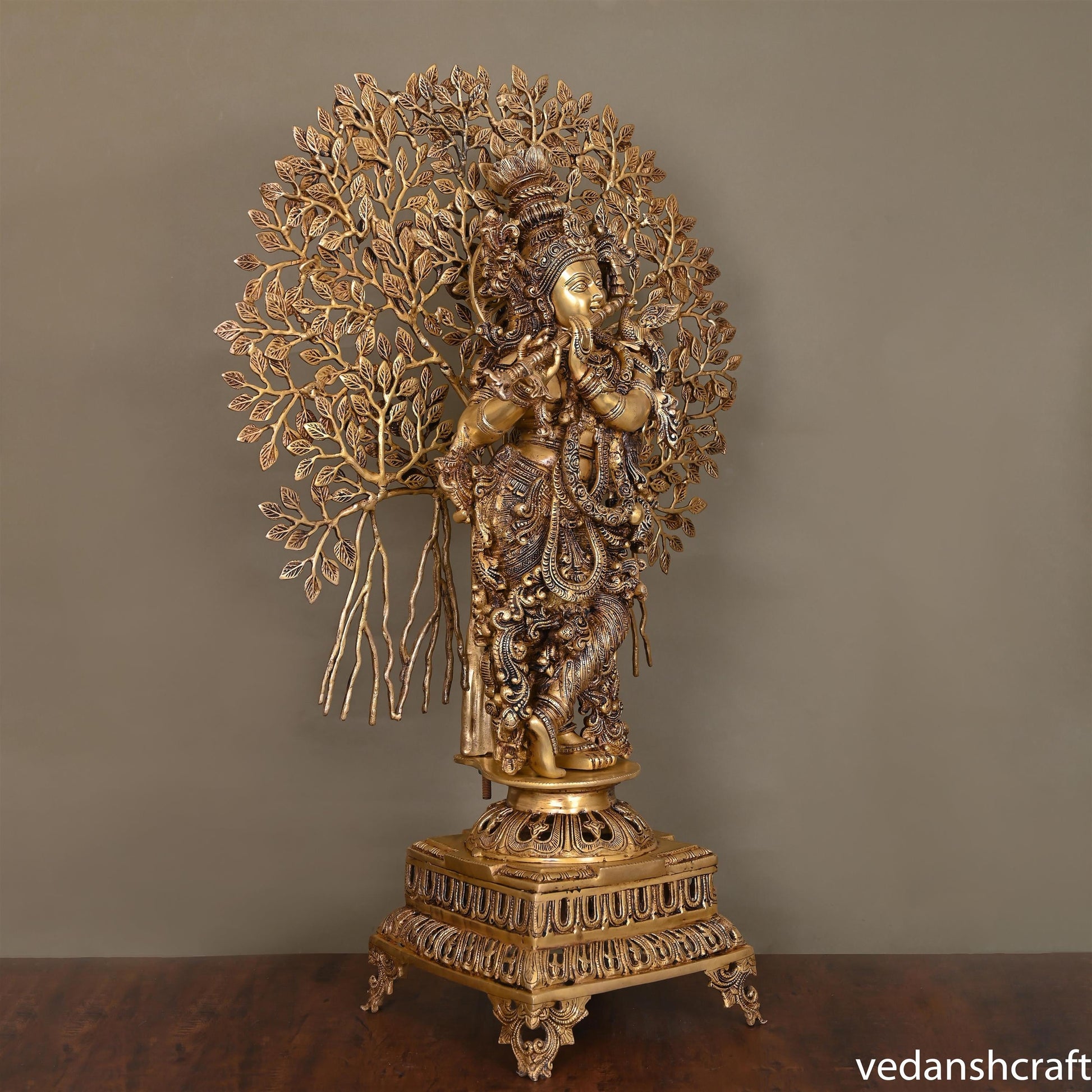 Brass Lord Krishna Statue With Tree (36")