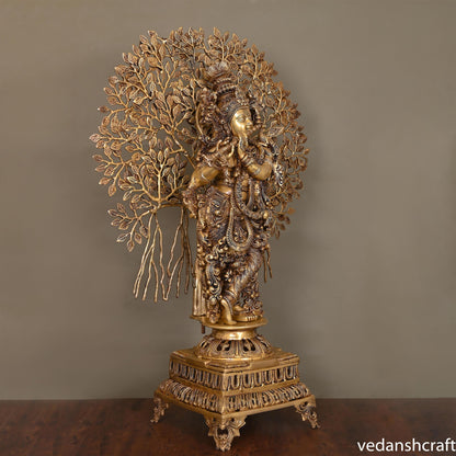 Brass Lord Krishna Statue With Tree (36")