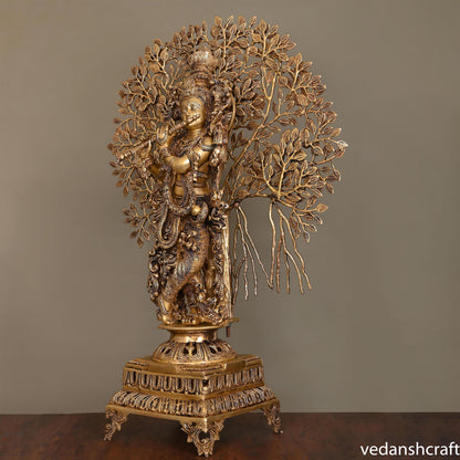 Brass Lord Krishna Statue With Tree (36")