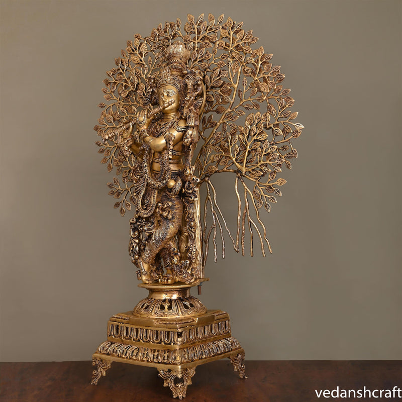 Brass Lord Krishna Statue With Tree (36")