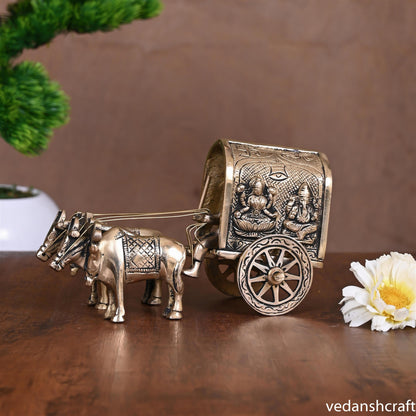 Brass Ganesha Lakshmi Double Bullock Cart (4 Inch)