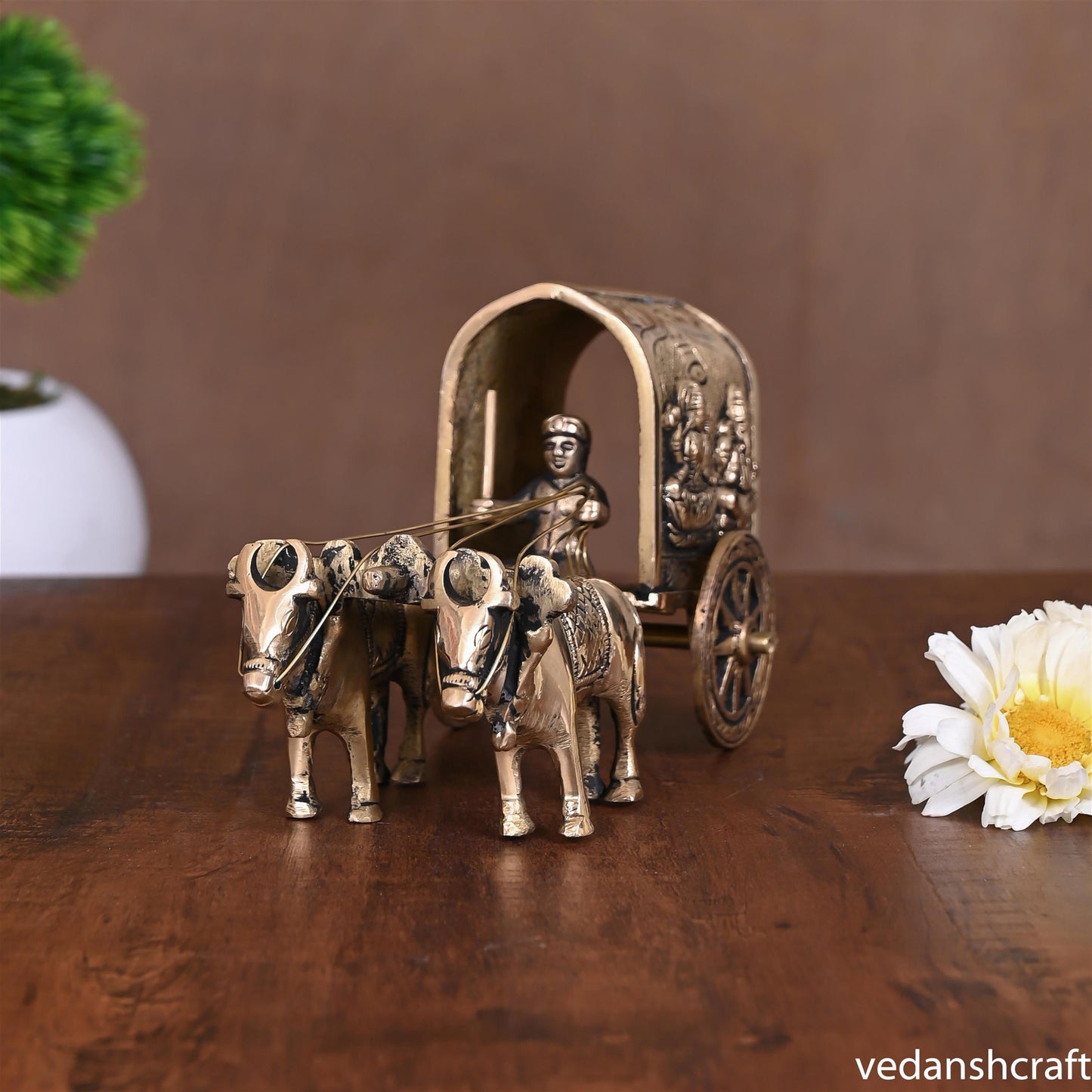 Brass Ganesha Lakshmi Double Bullock Cart (4 Inch)