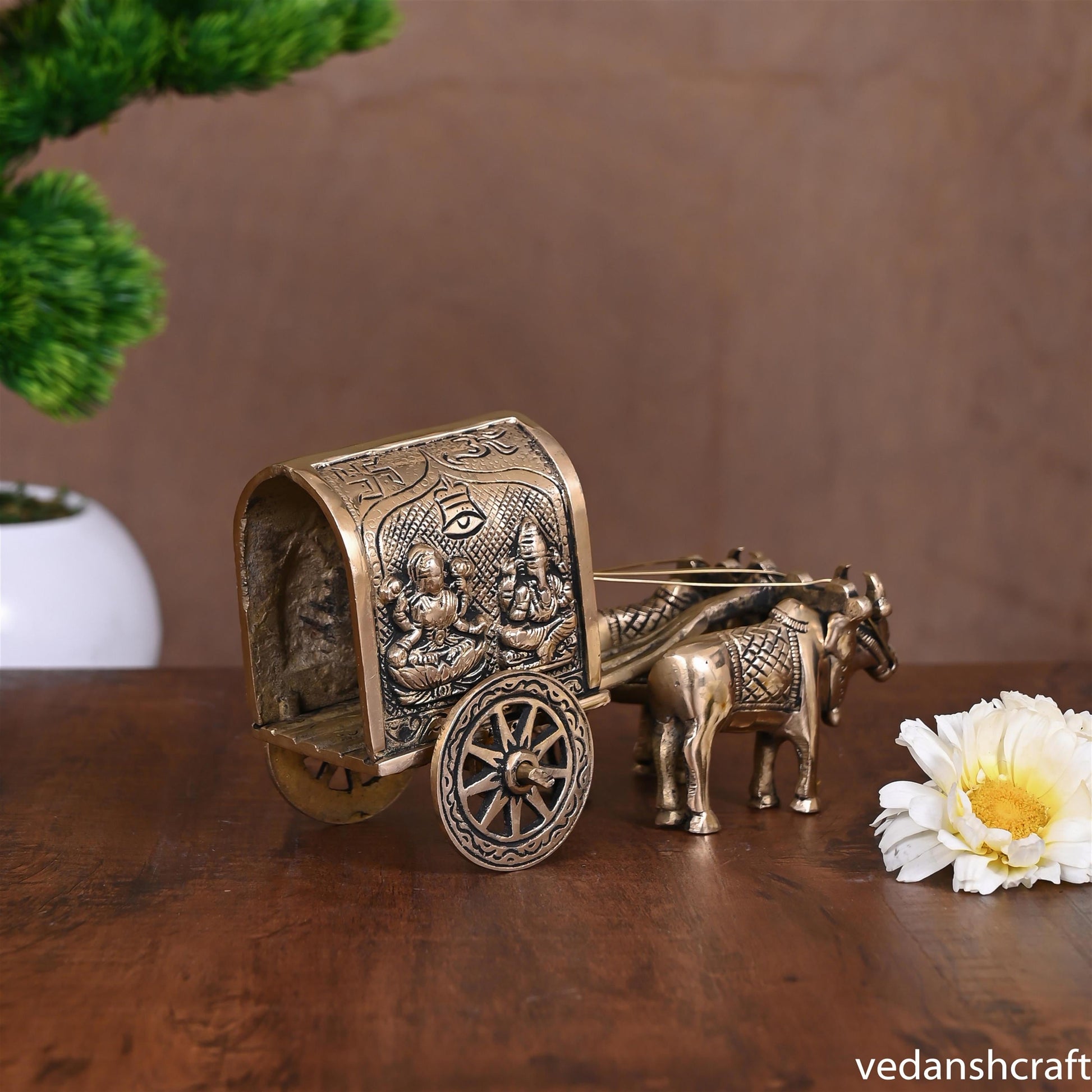 Brass Ganesha Lakshmi Double Bullock Cart (4 Inch)