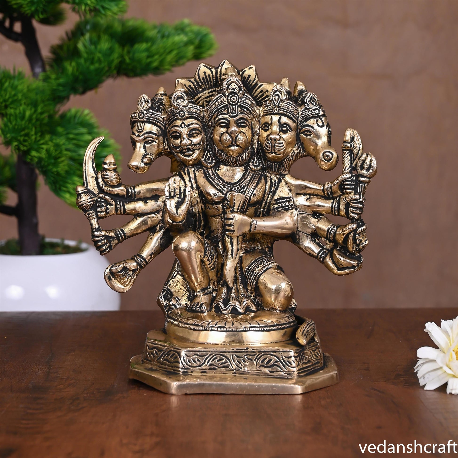 Brass Sitting Panchmukhi Hanuman Idol (7")