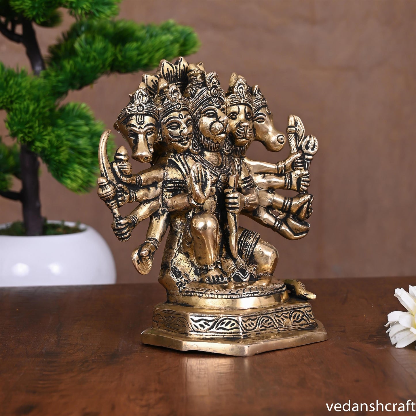 Brass Sitting Panchmukhi Hanuman Idol (7")