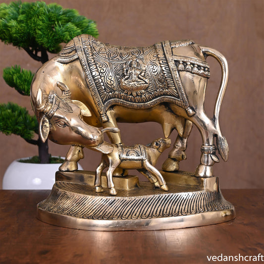 Brass Kamdhenu Cow With Calf Idol (8.5 Inch)