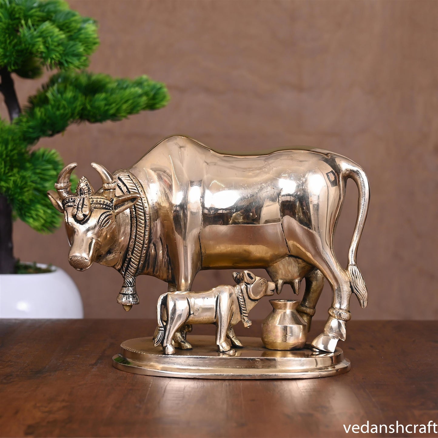 Brass Kamdhenu Cow With Calf Idol (6 Inch)