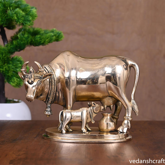 Brass Kamdhenu Cow With Calf Idol (6 Inch)