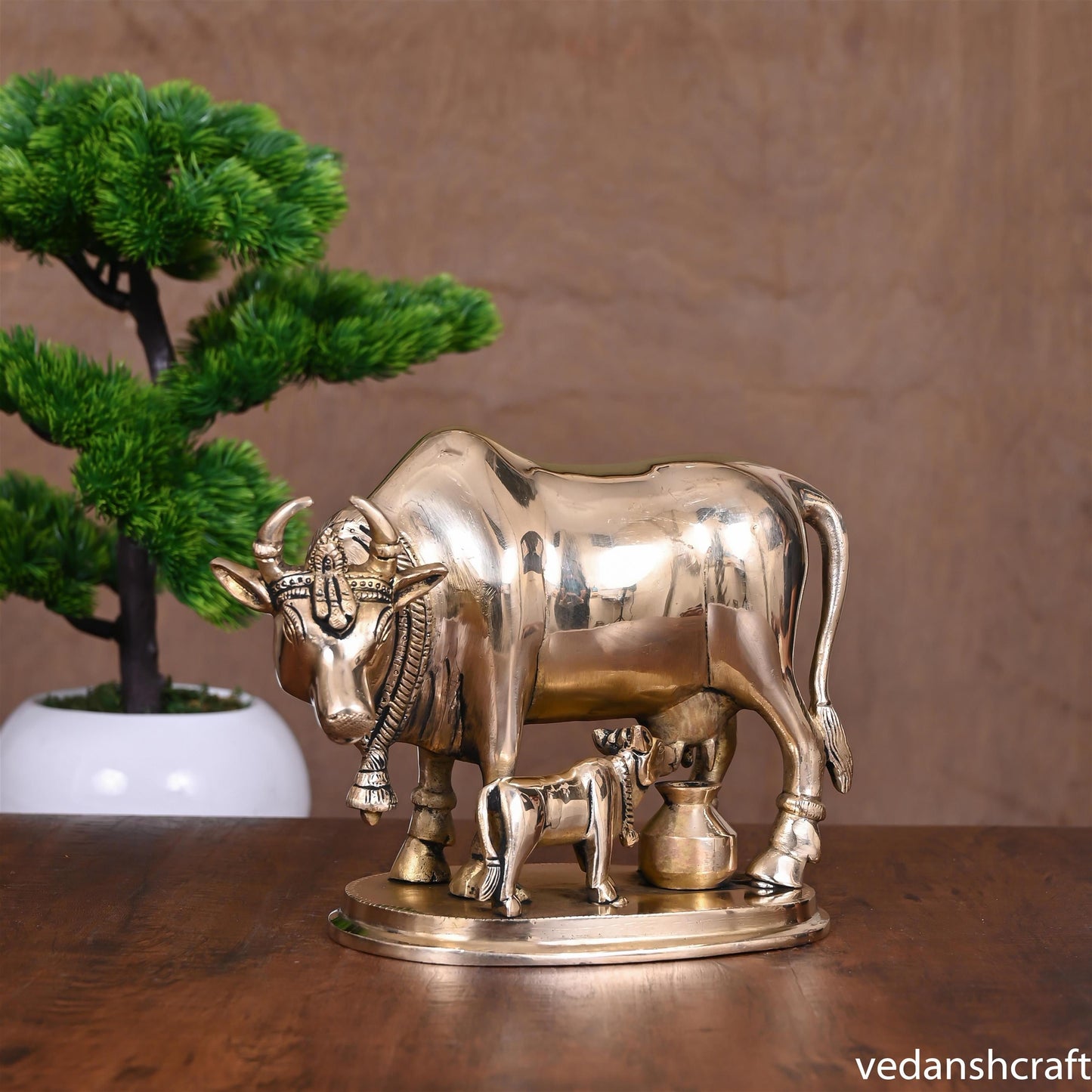Brass Kamdhenu Cow With Calf Idol (6 Inch)