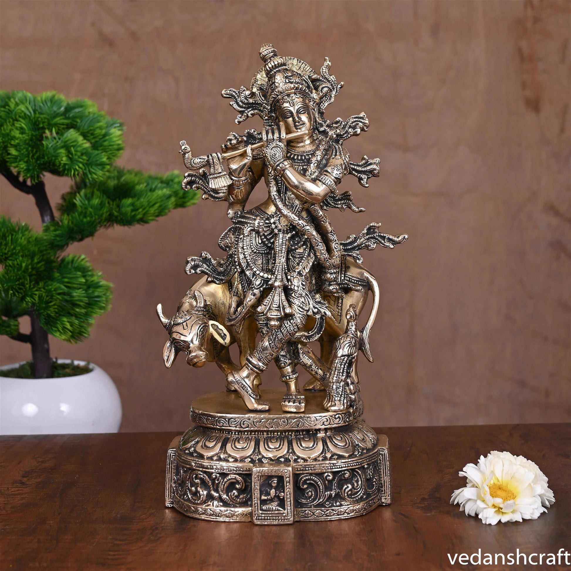 Brass Lord Krishna With Cow Idol (12")