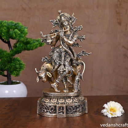 Brass Lord Krishna With Cow Idol (12")