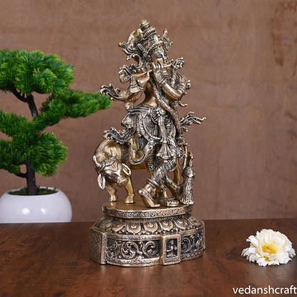 Brass Lord Krishna With Cow Idol (12")