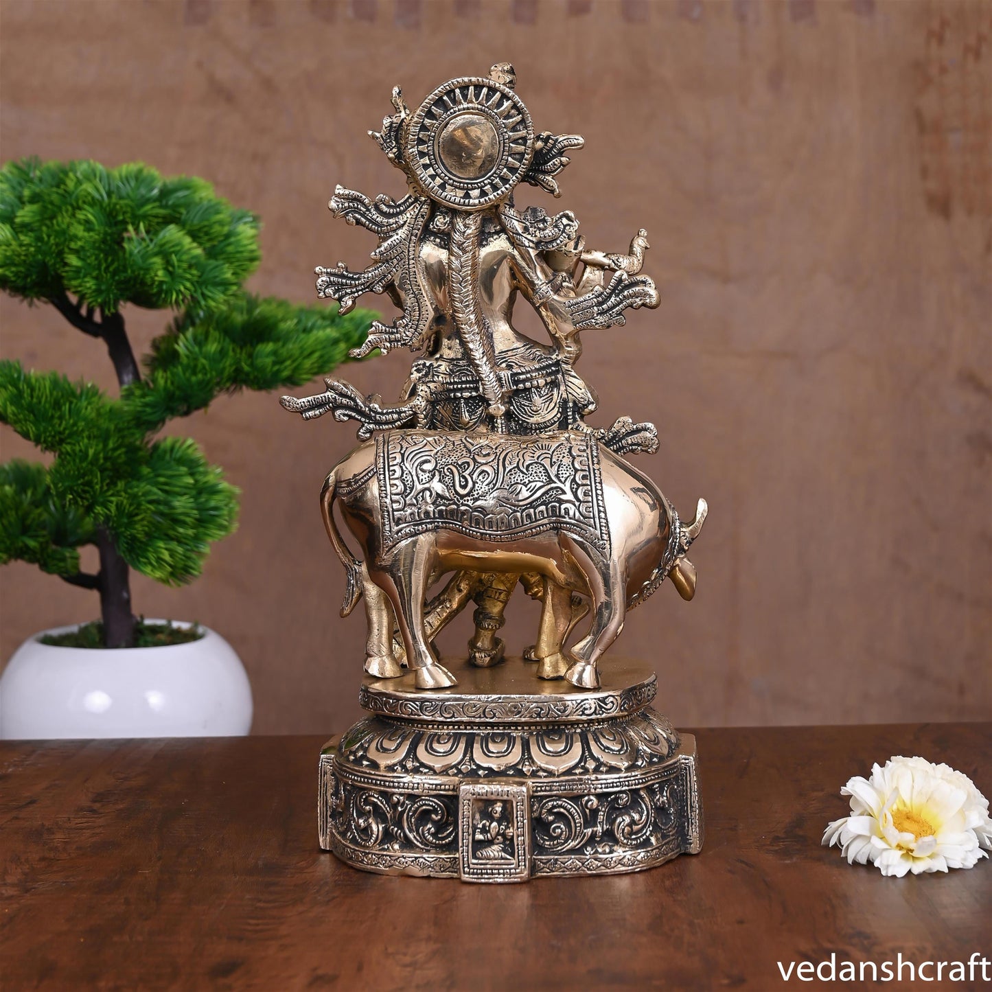Brass Lord Krishna With Cow Idol (12")